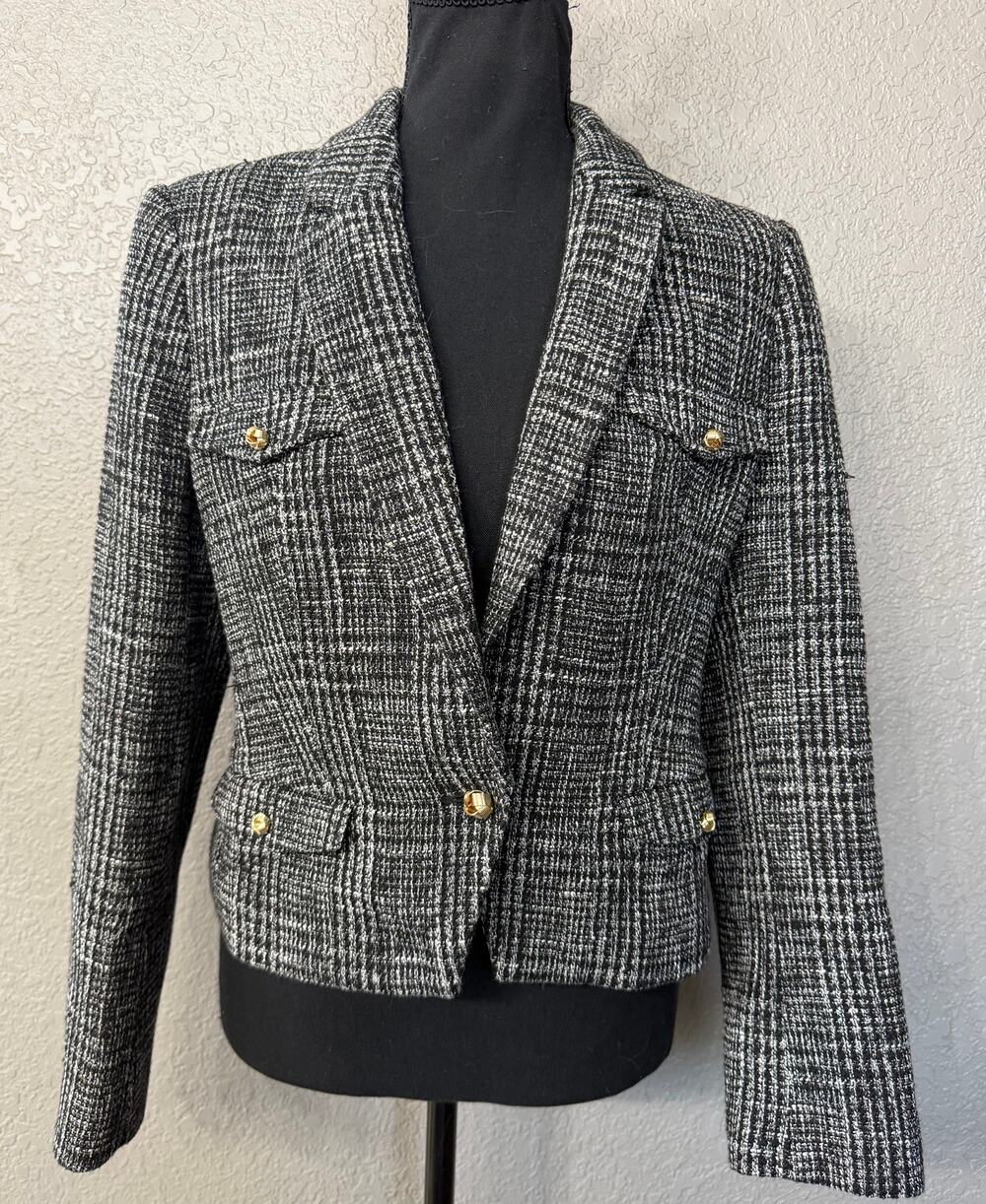 Express Womens Sz M Black Gray Tweed Waist Blazer Gold Knot Buttons